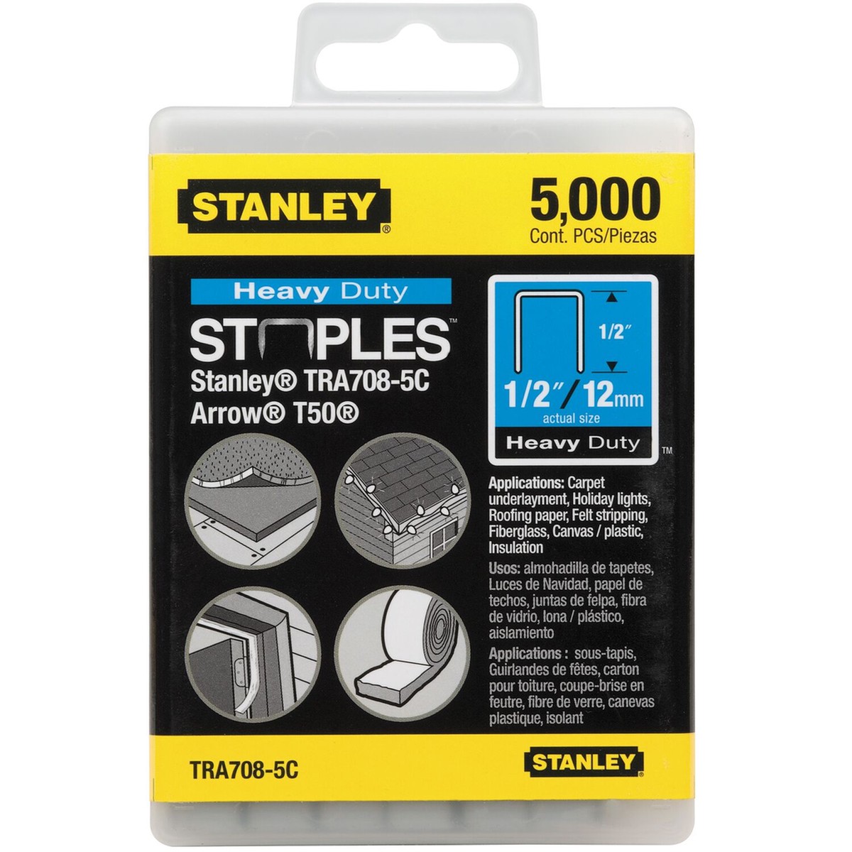 Stanley, TRA708-5C, Heavy Duty Staples, 1/2 in Leg Length, 0.421 in Crown Size, 5000 pcs