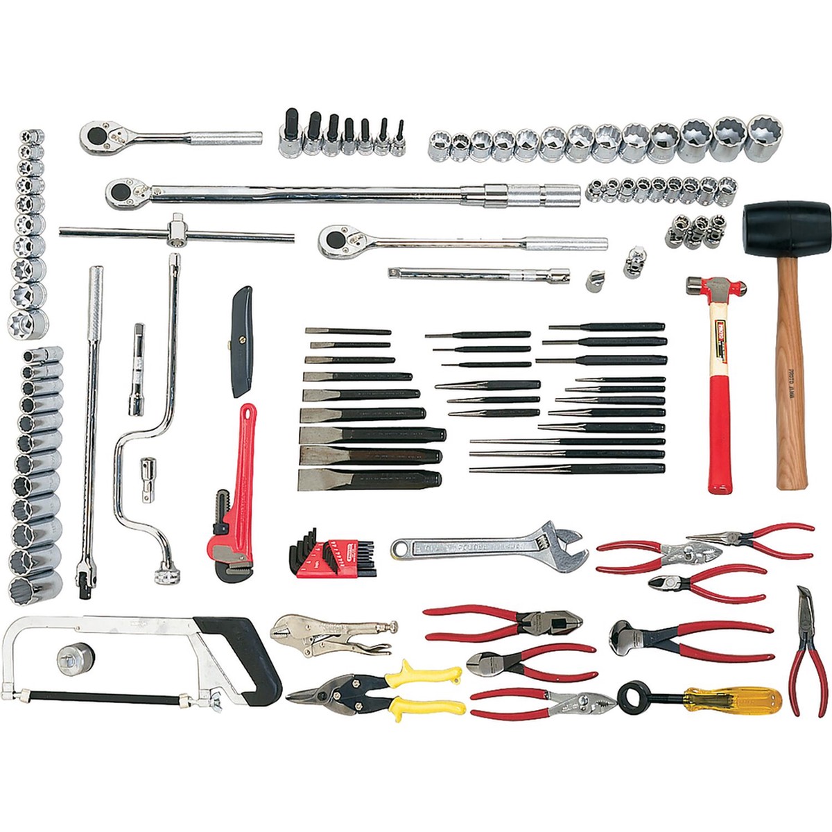 Proto, J99665, Tool Set, 55 Sockets, 17 Punches, 9 Chisels, Hacksaw, 3 Ratchets, 6 Pliers